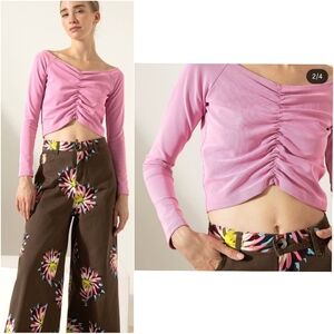 Jazmin Chebar Pink V Neck Ribbed Ruched Front Cropped Long Sleeve Top Small